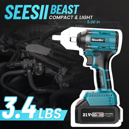 Llave de Impacto Inalámbrica Seesii 1/2" – 260 Ft-Lbs, Motor Brushless, 2 Baterías y Accesorios