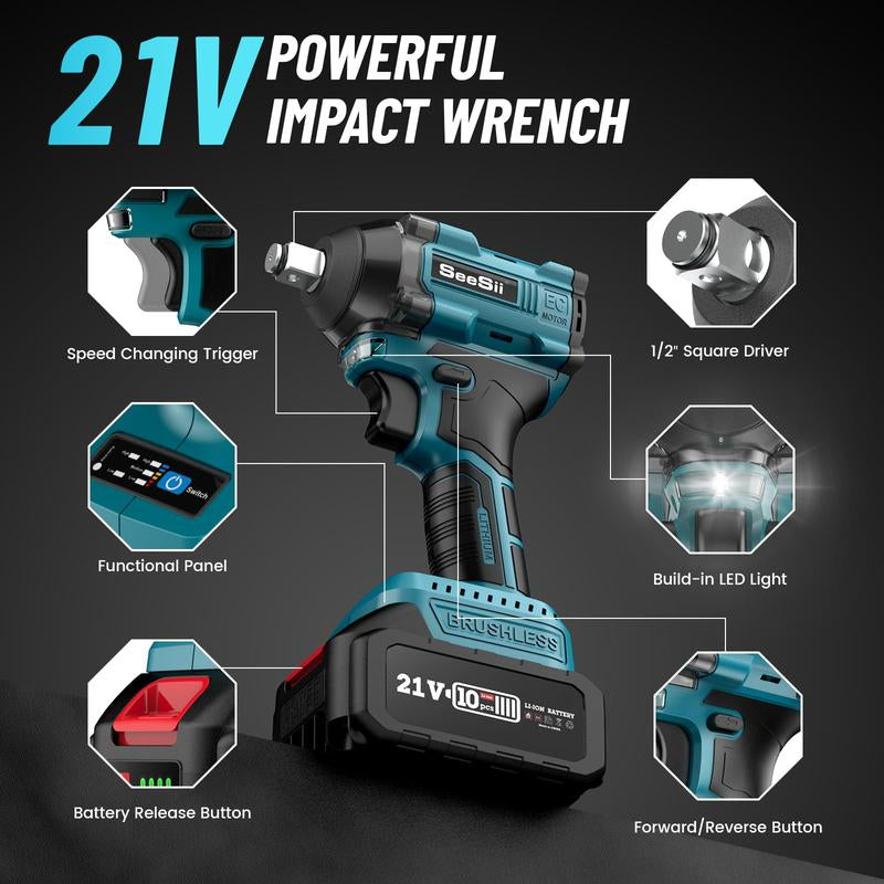 Llave de Impacto Inalámbrica Seesii 1/2" – 260 Ft-Lbs, Motor Brushless, 2 Baterías y Accesorios