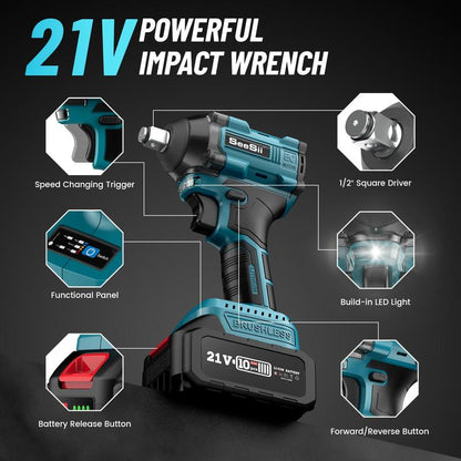 Llave de Impacto Inalámbrica Seesii 1/2" – 260 Ft-Lbs, Motor Brushless, 2 Baterías y Accesorios